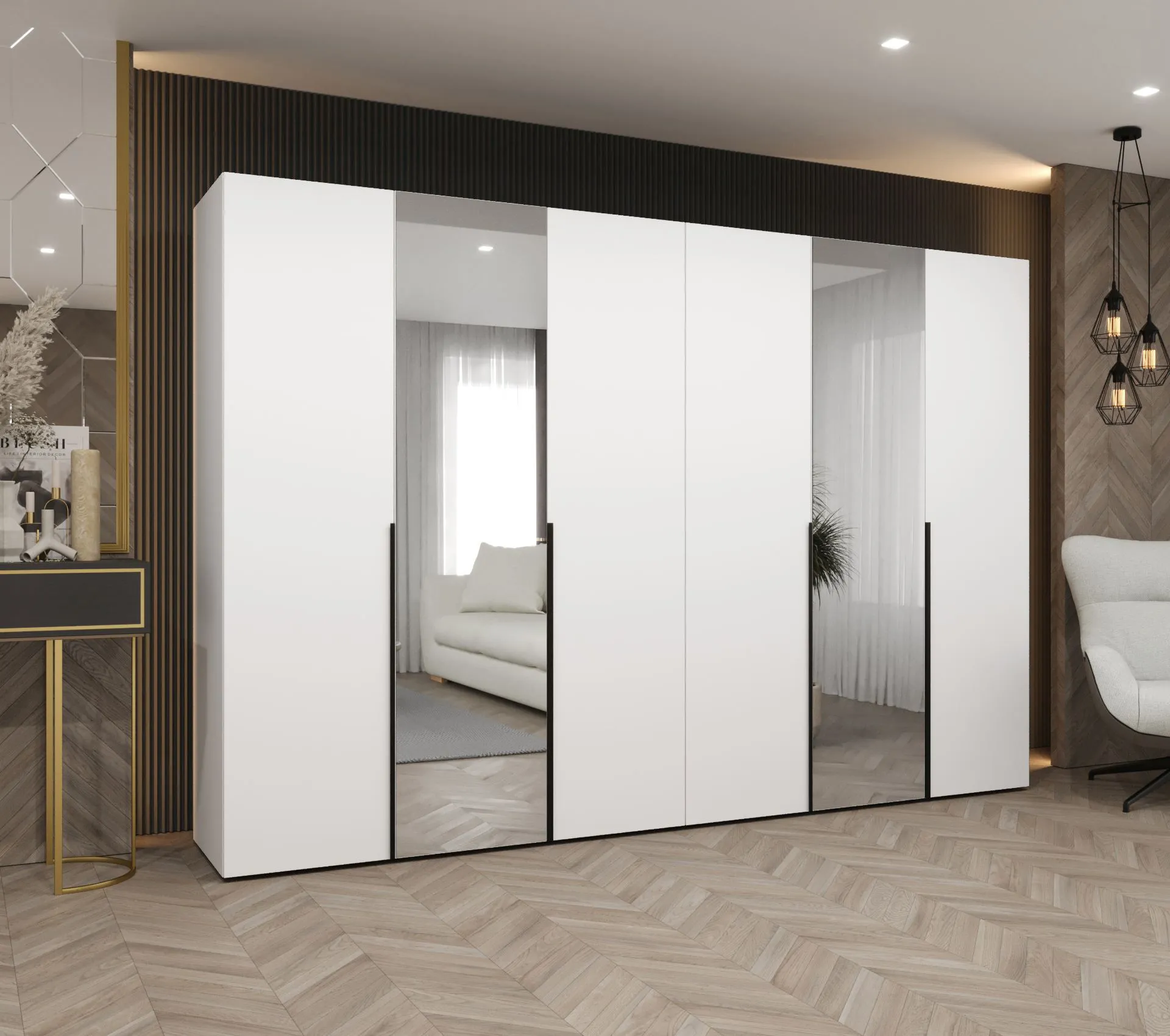Kleiderschrank 3 Meter breit Eiger 102, Farbe: Weiß, zwei Spiegeltüren, vier Kleiderstangen, Griffe: Schwarz, vier Fächer, Soft-Close-Funktion, für Schlafzimmer