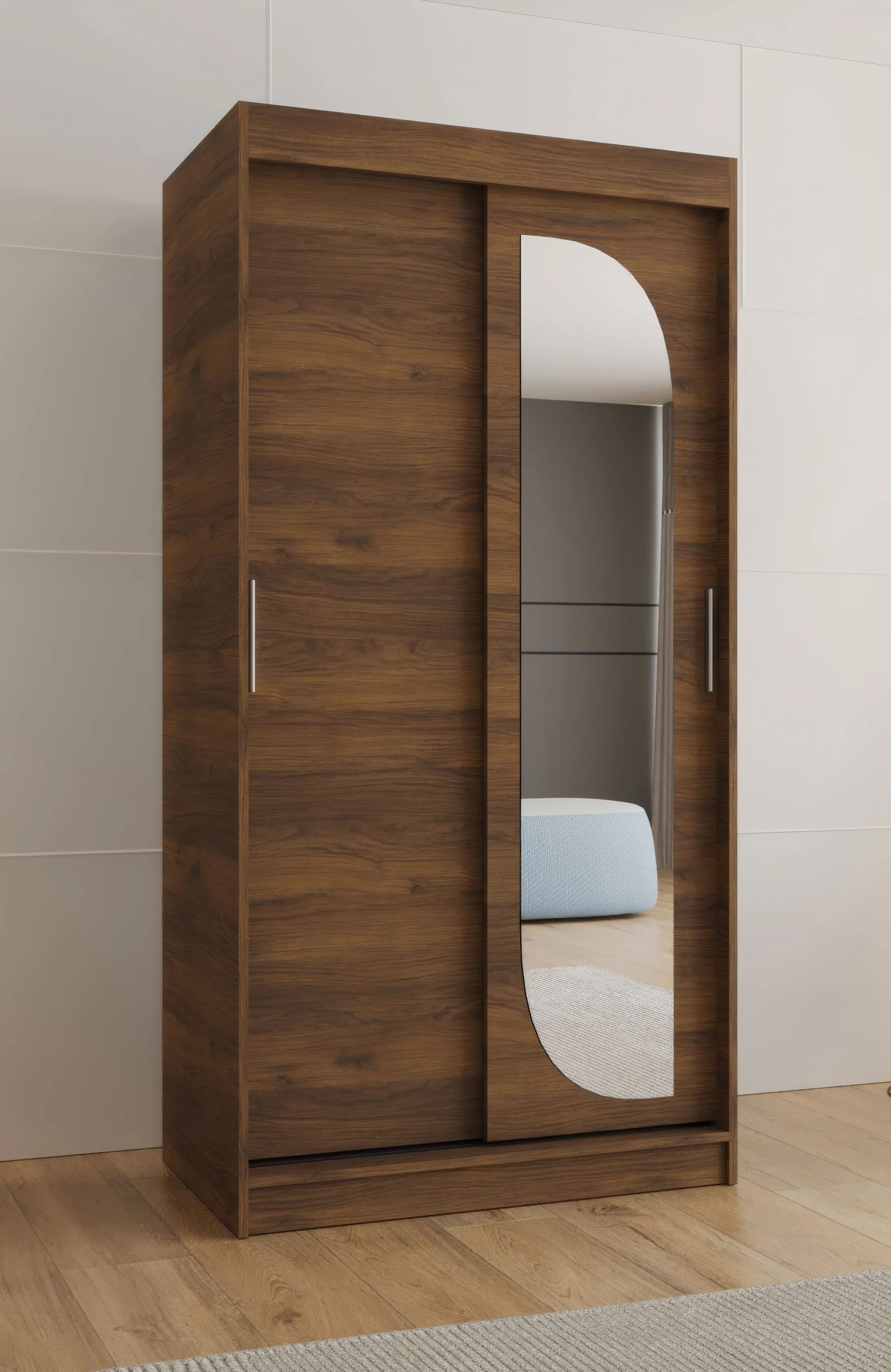 Schiebetürenschrank | 1 Spiegeltür | Farbe: Walnuss | 1 Meter breit | fünf Fächer | zwei Kleiderstangen | Kleiderschrank