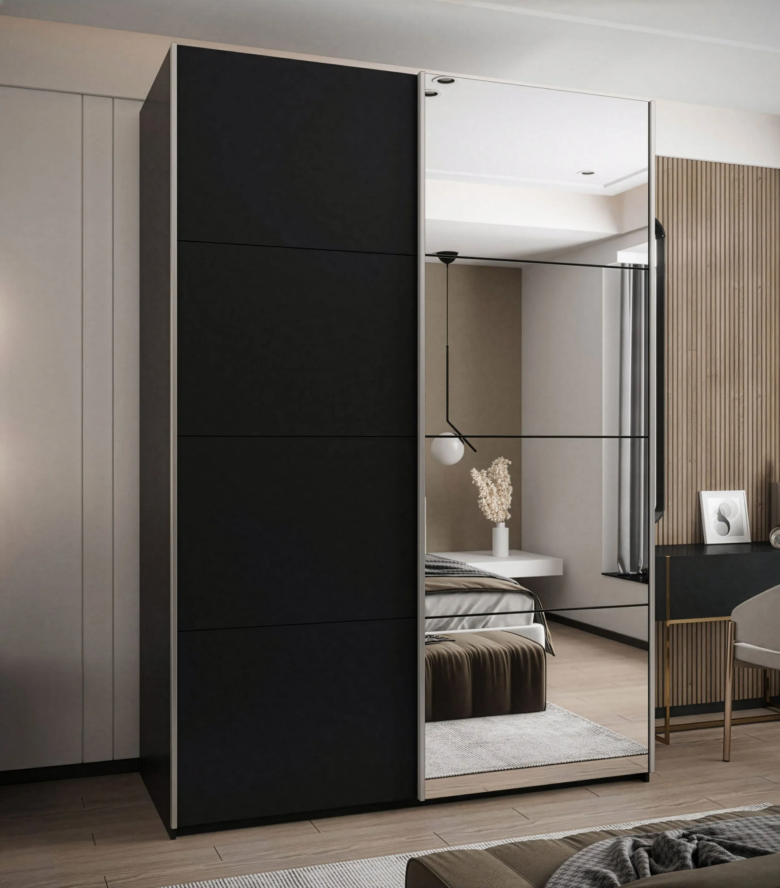 Kleiderschrank / Schiebetürenschrank | 11 Fächer | Spiegel | 2 Schiebetüren | 245,5 x 180 x 64 cm | Farbe: Schwarz | Soft-Close