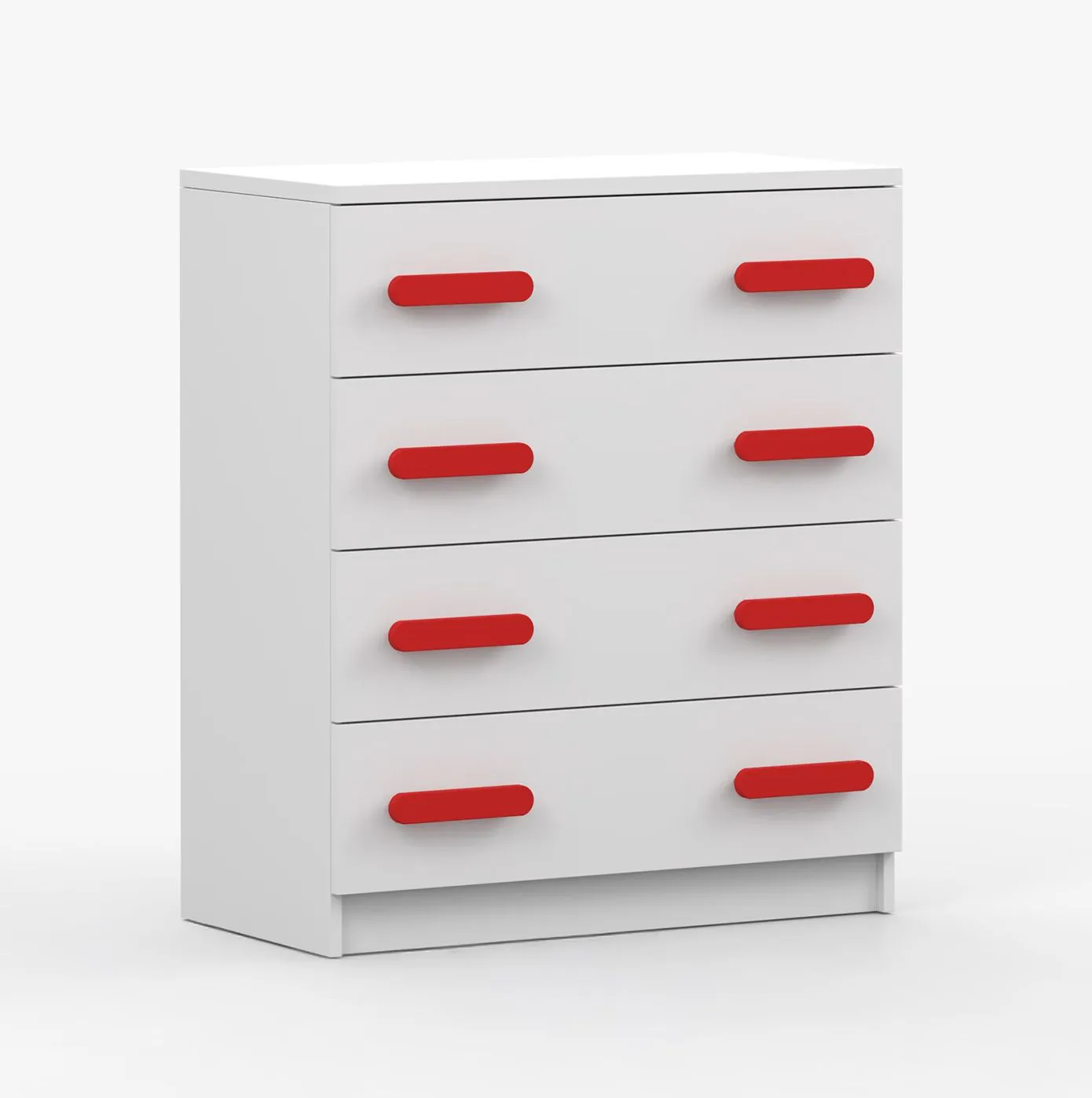 80 cm breite Kommode | Weiß | Smolikas 21 | 4 geräumige Schubladen | rote Holzgriffe | 90 x 80 x 40 cm | Kinder
