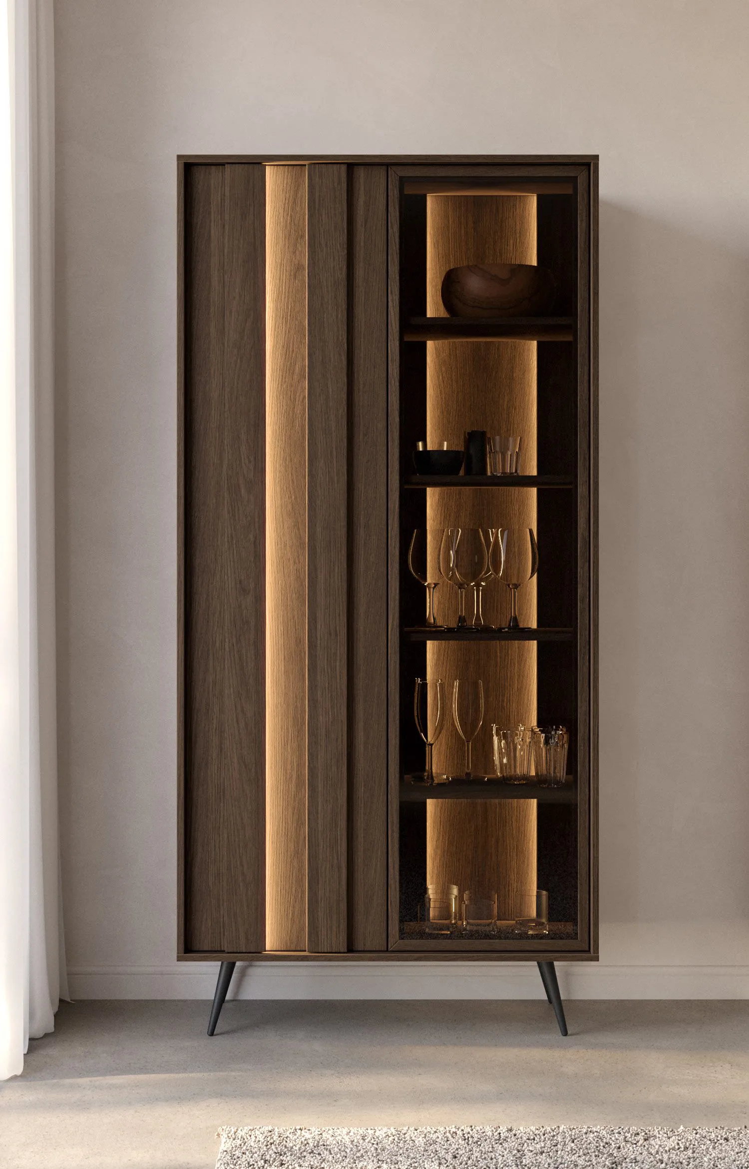 Vitrine | Farbe: Eiche Dunin | inkl. LED-Beleuchtung | Pus-to-open Funktion | 10 Fächer | 94 x 40 x 196 cm | Soft-Close Funktion