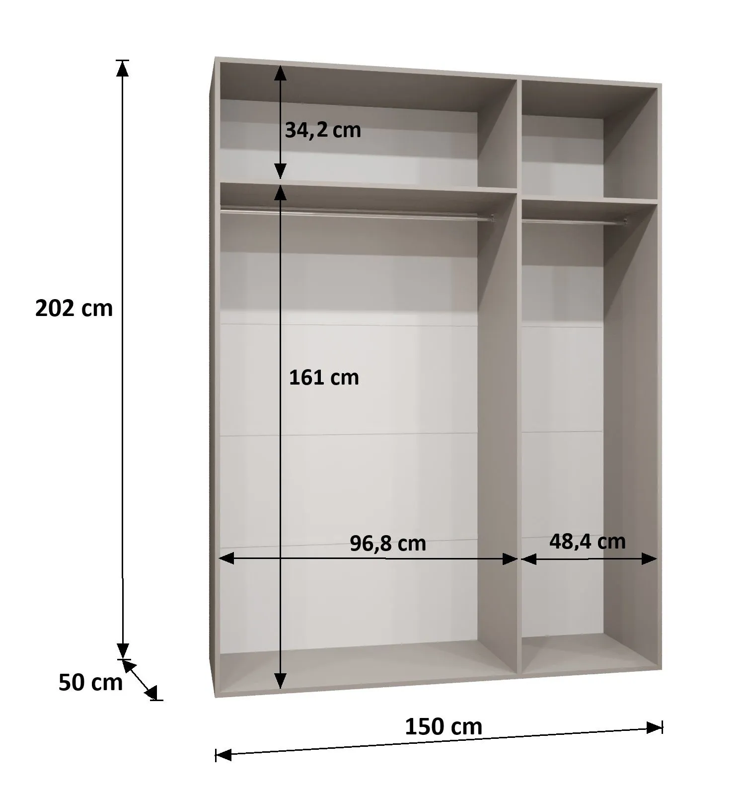 Kleiderschrank / Drehtürenschrank mit drei Spiegeltüren Korab 130, Farbe: Kaschmir, 1,5 Meter breit, Griffe: Schwarz, zwei Fächer, zwei Kleiderstangen, Soft-Close
