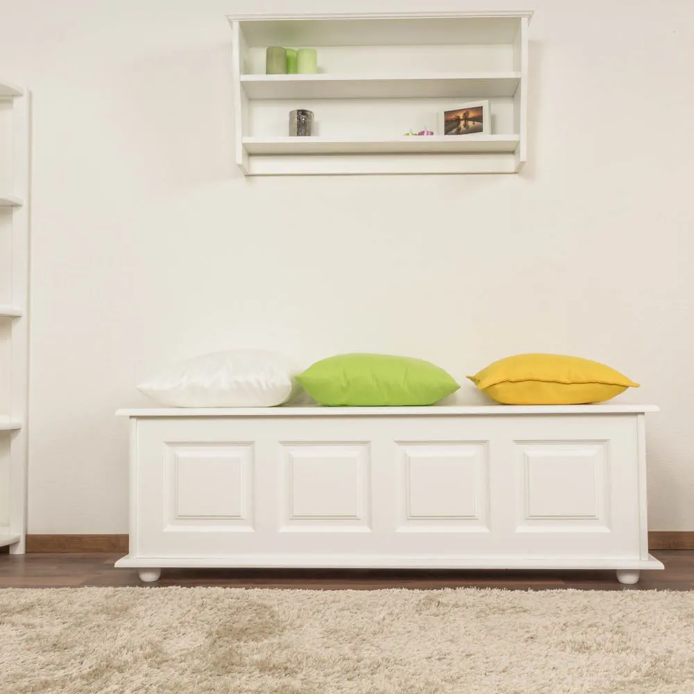 Sitzbank mit Stauraum Kiefer massiv Vollholz weiß lackiert 179 – 50 x 154 x 46 cm (H x B x T)