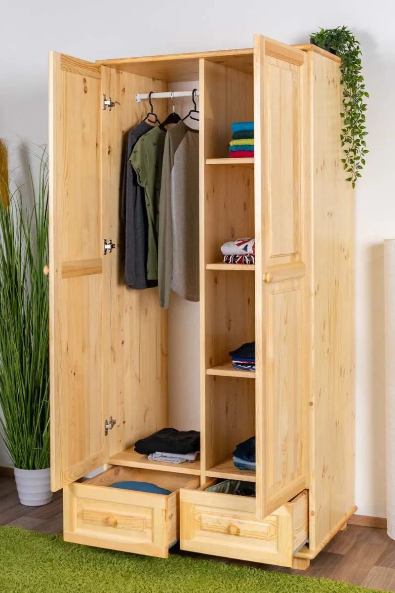 Kleiderschrank, Breite: 90 cm, Farbe: Natur, Türen Anzahl 2, Höhe (cm) 190, Länge/Tiefe (cm) 90, Breite (cm) 60, Massivholz, Material Kiefer massiv, Kleiderschrank, Breite: 90 cm, Farbe: Natur
