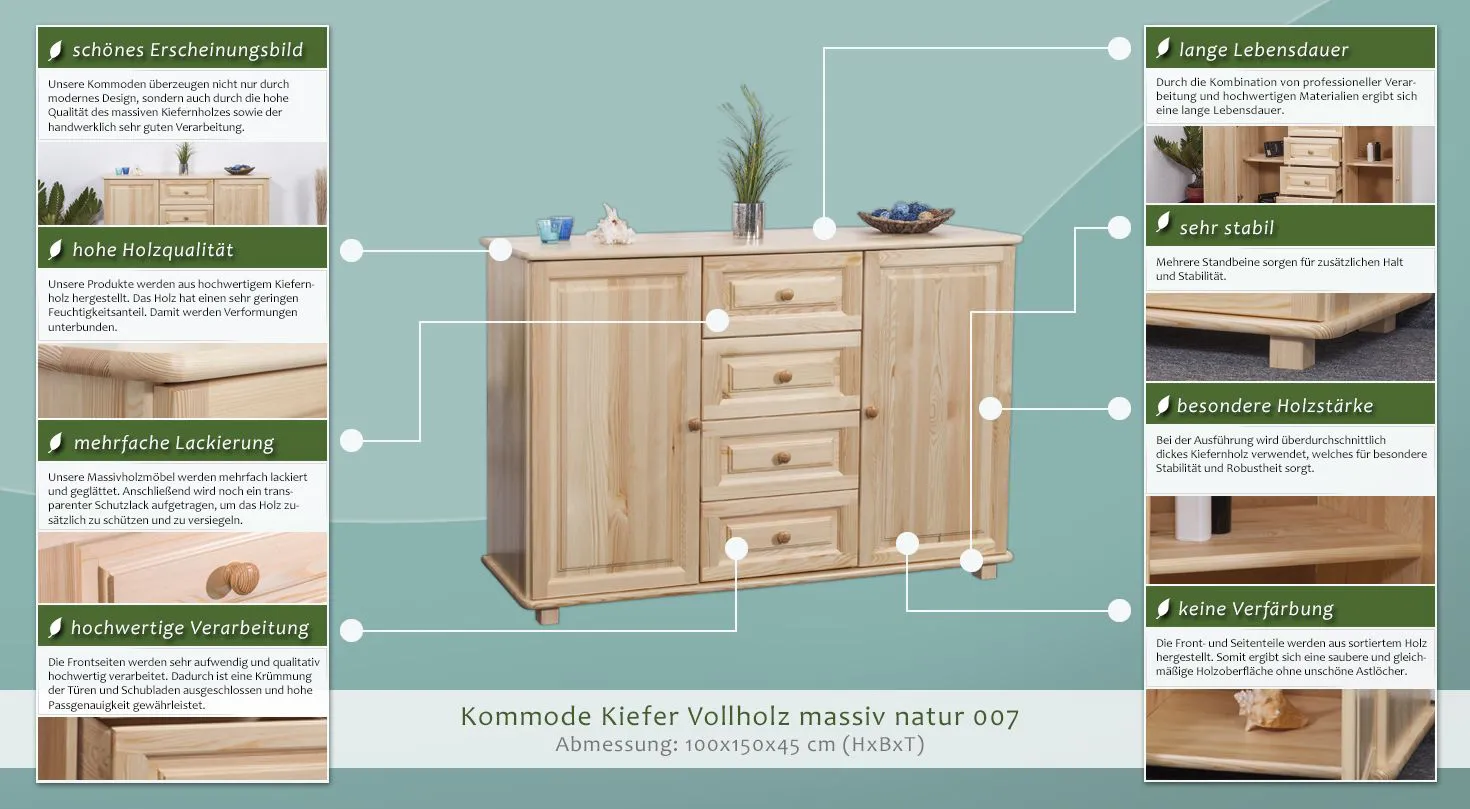 Sideboard, Massivholz, 150 cm breit, Türen Anzahl 2, Höhe (cm) 100, Länge/Tiefe (cm) 150, Breite (cm) 45, Massivholz, Material Kiefer massiv, Sideboard, Massivholz, 150 cm breit