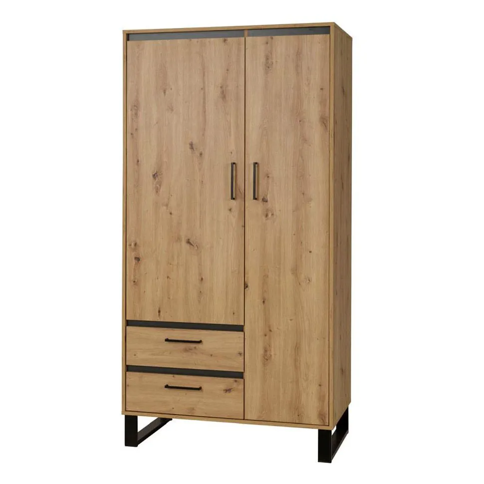 100 cm breiter Kleiderschrank mit 2 Türen, 2 Fächern und 2 Schubladen | Farbe: Eiche