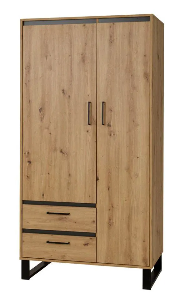 100 cm breiter Kleiderschrank mit 2 Türen, 2 Fächern und 2 Schubladen | Farbe: Eiche