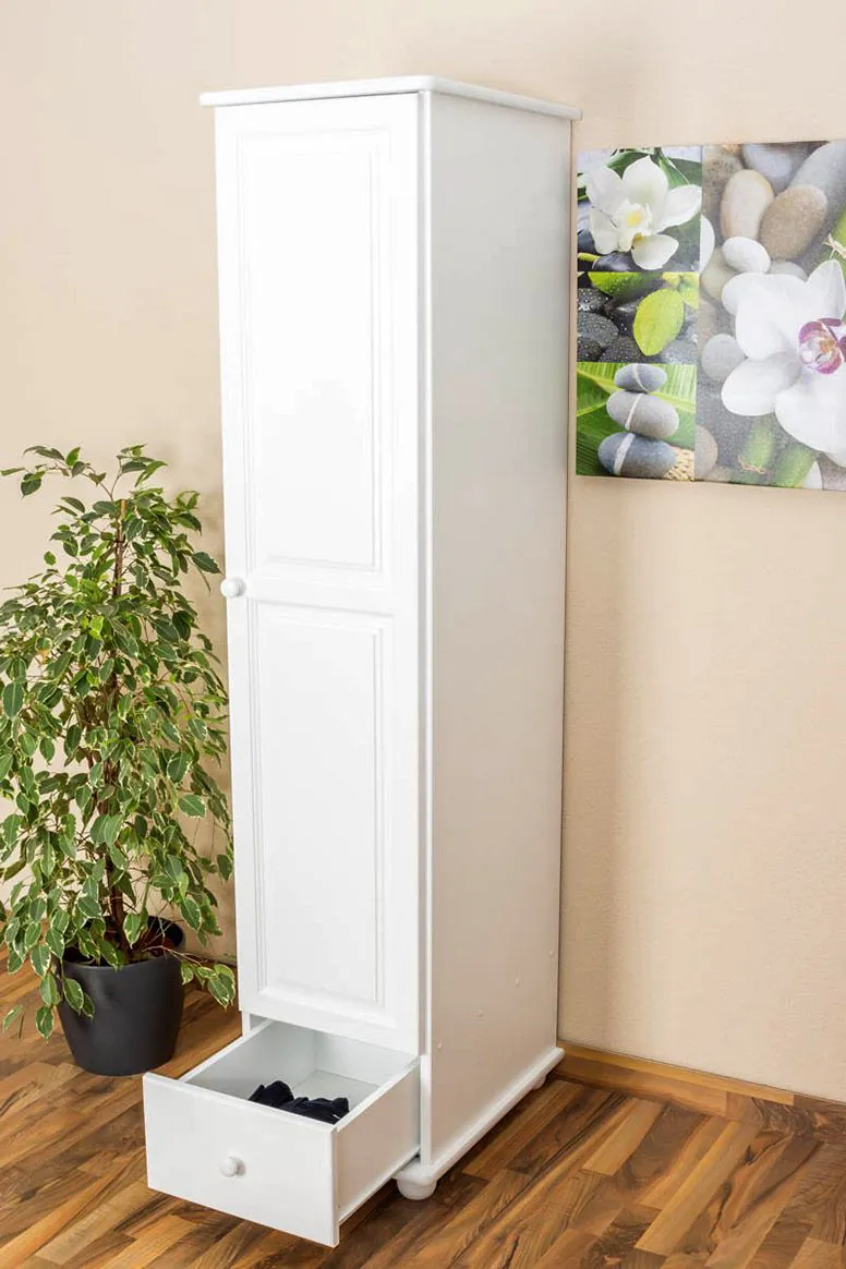 Schmaler Kleiderschrank | 1 Drehtür | 1 Schublade | mit Kleiderstange | 45 cm breit | Massivholz