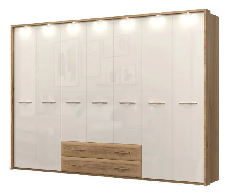 272 cm breiter Kleiderschrank mit 7 Türen, 8 Fächern und 2 Schubladen | Farbe: Beige | Tiefe: 56 cm Abbildung