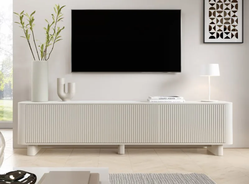 TV-Unterschrank | Kaschmir | 3 Kipptüren | 3 Fächer | 220 x 40 x 54 cm | Push-to-open Funktion | TV-Möbel | Lamellen Design | auf Beinen oder hängend | für Wohnzimmer