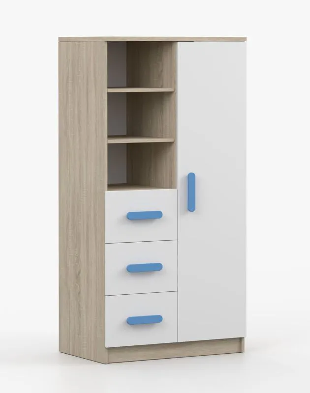 Bücherregal 80 cm breit | Weiß / Sonoma Eiche | Smolikas 27 | 159 x 80 x 40 cm | 3 Schubladen | 7 Fächer | blaue Holzgriffe | Kinder | Jugend