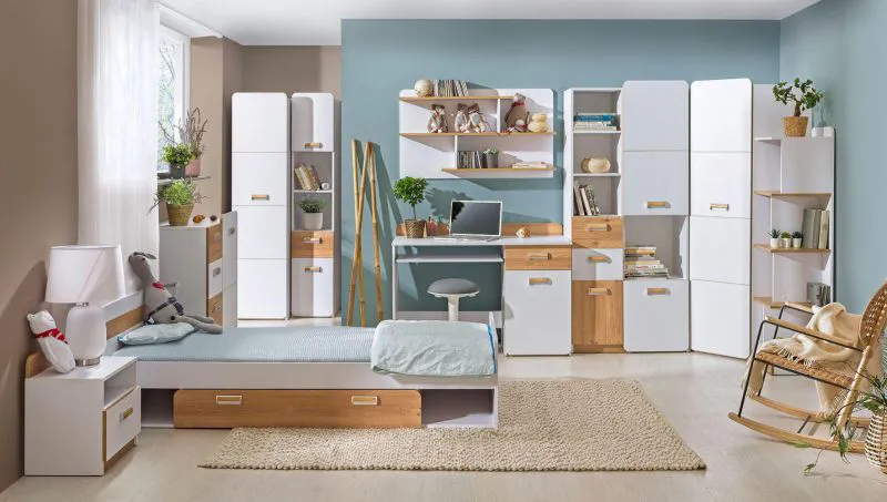 Jugendzimmer -Eckkleiderschrank, Farbe: Esche / Weiß - Abmessungen: 188 x 71 x 71 cm (H x B x T) Abbildung