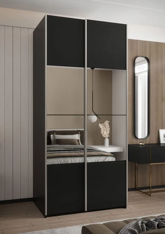 Kleiderschrank / Schiebetürenschrank | 245,5 x 110 x 64 cm | Spiegel | Soft-Close | Farbe: Schwarz | Soft-Close | 2 Kleiderstangen | 2 Schiebetüren