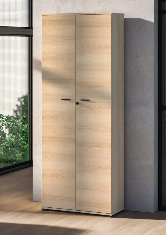 Aktenschrank | Farbe: Eiche Lindberg | 2 Drehtüren | Soft-Close Funktion | 5 Fächer | abschließbare Türen | 79 x 34 x 203 cm | für Büro und Homeoffice