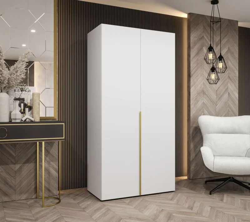 Drehtürenschrank mit zwei Türen Eiger 05, Farbe: Weiß, Soft-Close-Funktion, ein Fach, Kleiderschrank, Griffe: Gold, 1 Meter breit, eine Kleiderstange
