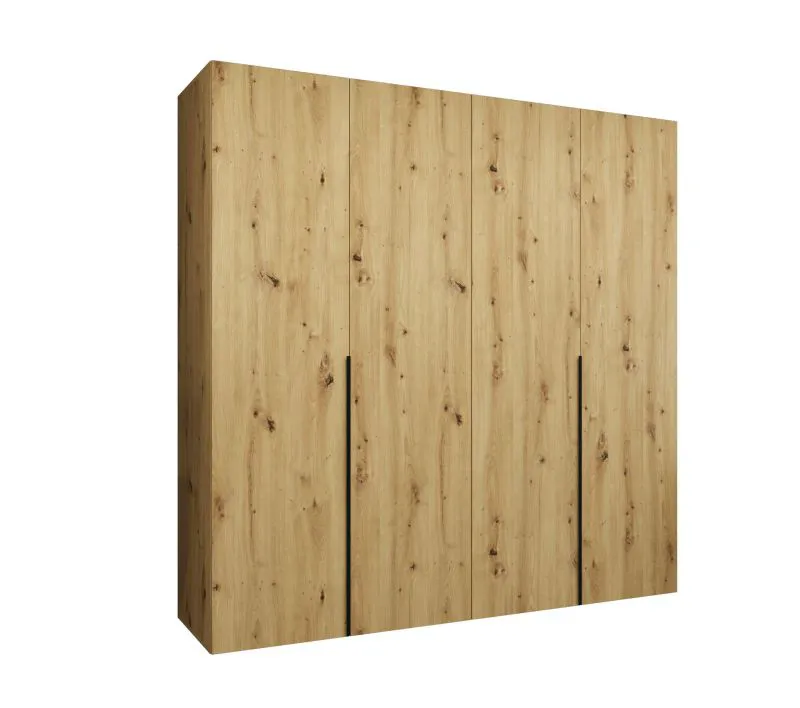 Kleiderschrank / Drehtürenschrank mit Soft-Close-Funktion Eiger 23, Farbe: Eiche Artisan, zwei Kleiderstangen, Griffe: Schwarz, 2 Meter breit, zwei Fächer