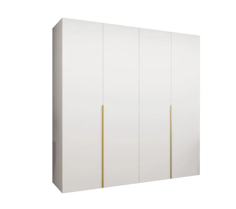 Drehtürenschrank mit vier Türen Eiger 27, Farbe: Weiß, Soft-Close-Funktion, zwei Fächer, Kleiderschrank, Griffe: Gold, 2 Meter breit, zwei Kleiderstangen