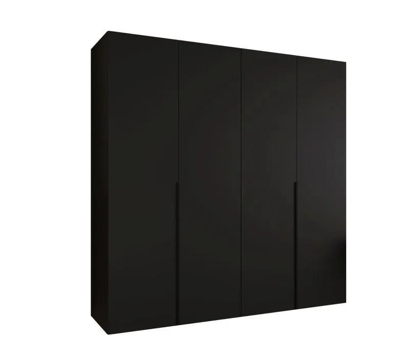 Kleiderschrank / Drehtürenschrank mit vier Türen Eiger 28, Farbe: Schwarz, 2 Meter breit, zwei Kleiderstangen, Griffe: Schwarz, zwei Fächer, Soft-Close-Funktion