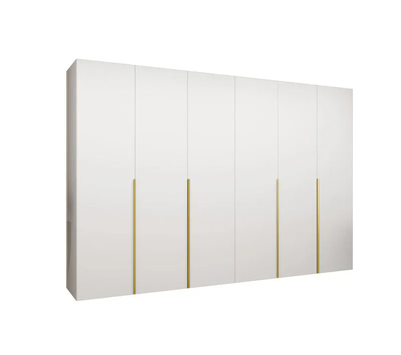 Drehtürenschrank mit sechs Türen Eiger 49, Farbe: Weiß, Soft-Close-Funktion, vier Fächer, Kleiderschrank, Griffe: Gold, 3 Meter breit, vier Kleiderstangen