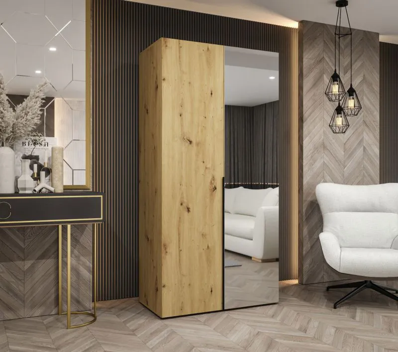 Drehtürenschrank mit einer Spiegeltür Eiger 56, Farbe: Eiche Artisan, 1 Meter breit, Griffe: Schwarz, eine Kleiderstange, Kleiderschrank, ein Fach