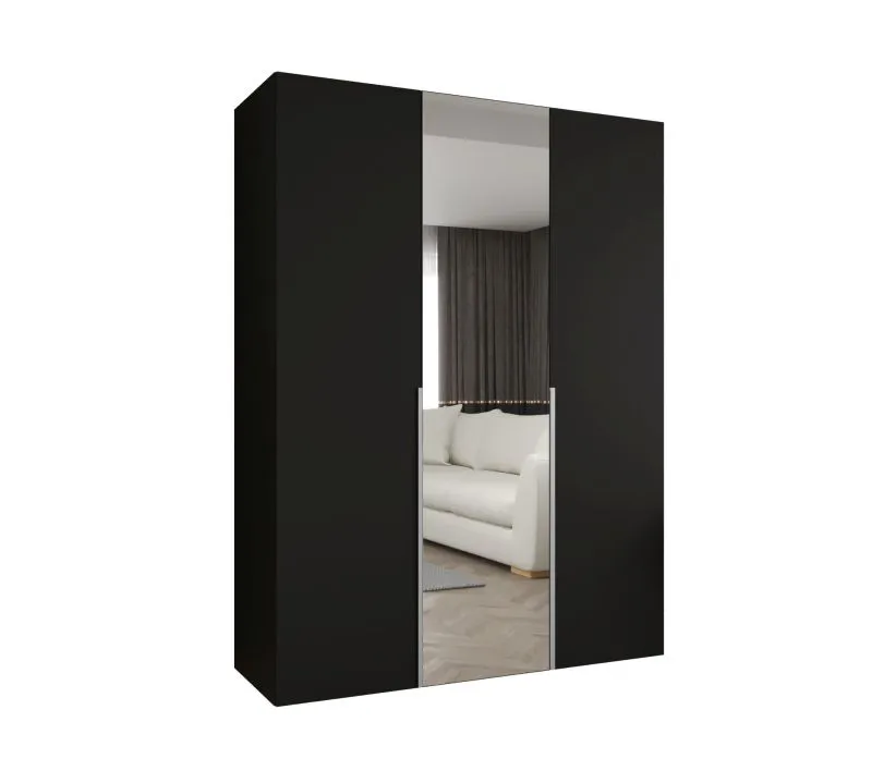 Drehtürenschrank Eiger 73, Farbe: Schwarz, eine Spiegeltür, 1,5 Meter breit, zwei Kleiderstangen, Griffe: Kaschmir, Soft-Close-Funktion, zwei Fächer
