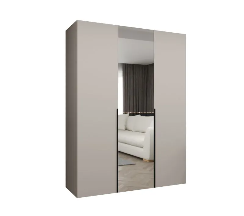 Kleiderschrank mit drei Türen Eiger 75, Farbe: Kaschmir, eine Spiegeltür, Soft-Close-Funktion, 1,5 Meter breit, Griffe: Schwarz, zwei Kleiderstangen, zwei Fächer