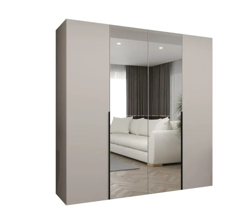 Kleiderschrank mit drei Türen Eiger 86, Farbe: Kaschmir, zwei Spiegeltüren, Soft-Close-Funktion, 2 Meter breit, Griffe: Schwarz, zwei Kleiderstangen, zwei Fächer