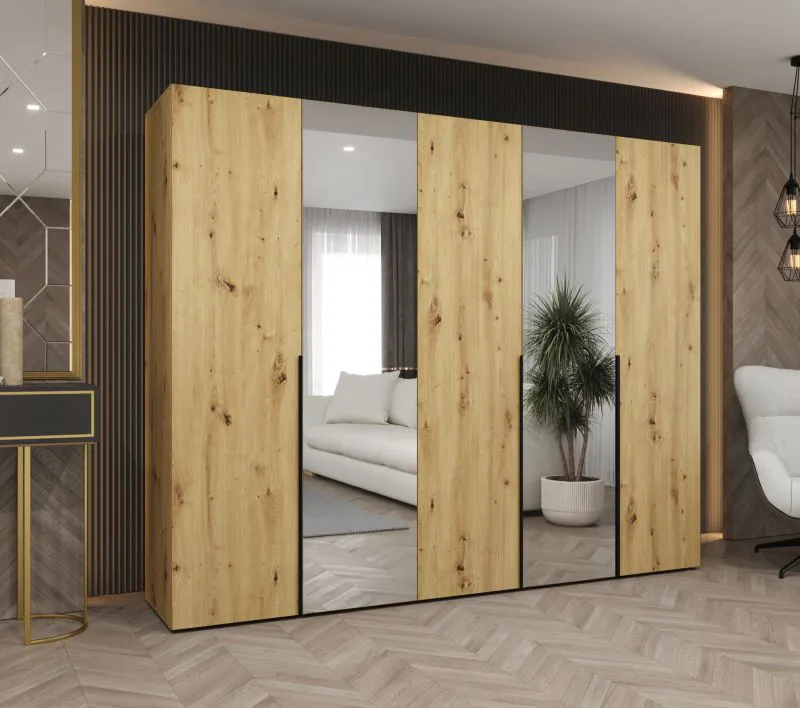 Drehtürenschrank mit zwei Spiegeltüren Eiger 89, Farbe: Eiche Artisan, 2,5 Meter breit, Griffe: Schwarz, drei Kleiderstangen, Kleiderschrank, drei Fächer