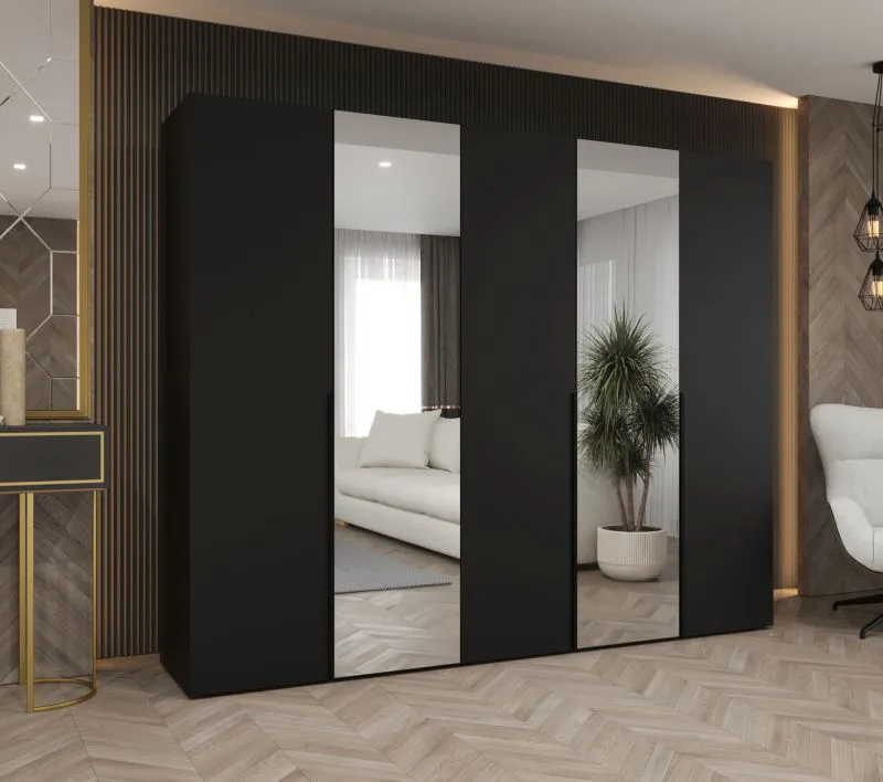 Kleiderschrank mit drei Kleiderstangen Eiger 94, Farbe: Schwarz, drei Fächer, zwei Spiegeltüren, 2,5 Meter breit, Griffe: Schwarz, Soft-Close-Funktion