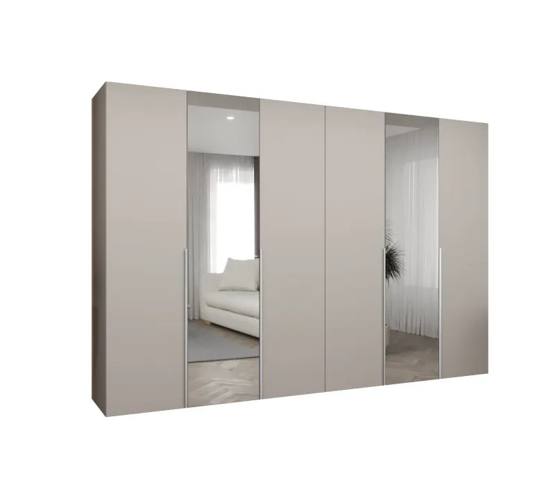 Kleiderschrank / Drehtürenschrank mit vier Kleiderstangen Eiger 109, Farbe: Kaschmir, 3 Meter breit, vier Fächer, Griffe: Kaschmir, zwei Spiegeltüren
