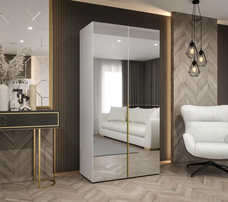 Kleiderschrank mit einen Fach Eiger 115, Farbe: Weiß, 1 Meter breit, eine Kleiderstange, Drehtürenschrank, Griffe: Gold, Soft-Close-Funktion