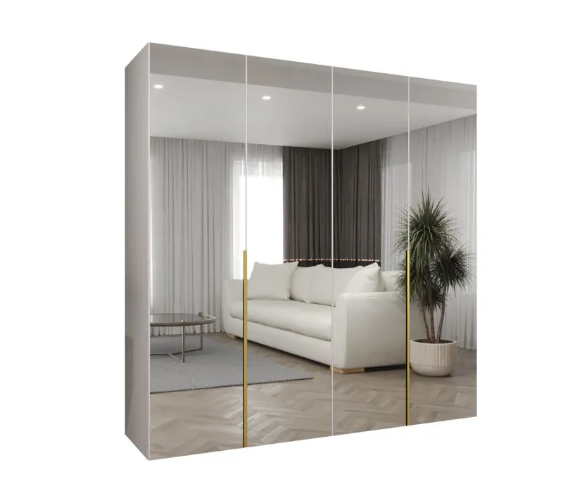 Kleiderschrank mit zwei Fächer Eiger 137, Farbe: Weiß, 2 Meter breit, zwei Kleiderstangen, Drehtürenschrank, Griffe: Gold, Soft-Close-Funktion