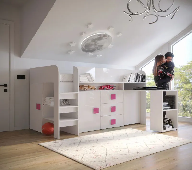 Hochbett / Kinderbett / Funktionsbett mit ausziehbarem Schreibtisch, Leiter und viel Stauraum Jura 58, Farbe: Weiß / Pink, Liegefläche: 90 x 200 cm
