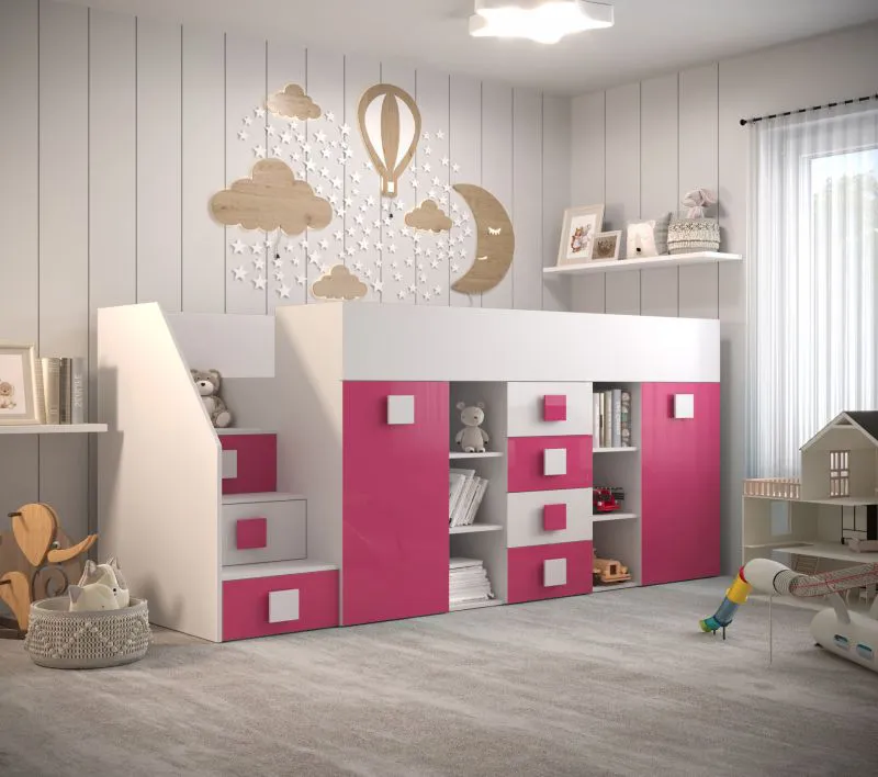 Hochbett / Kinderbett / Funktionsbett mit ausziehbarem Schreibtisch und Treppe Links, Weiß/Pink, Liegefläche: 90x200 cm, Kleiderschrank mit Kleiderstange