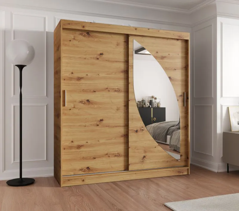 Schiebetürenschrank Jorasses 13, eine Spiegeltür, 1,8 Meter breit, Farbe: Eiche Artisan, 10 Fächer, Aluminiumschienen, Kleiderschrank, Schlafzimmer
