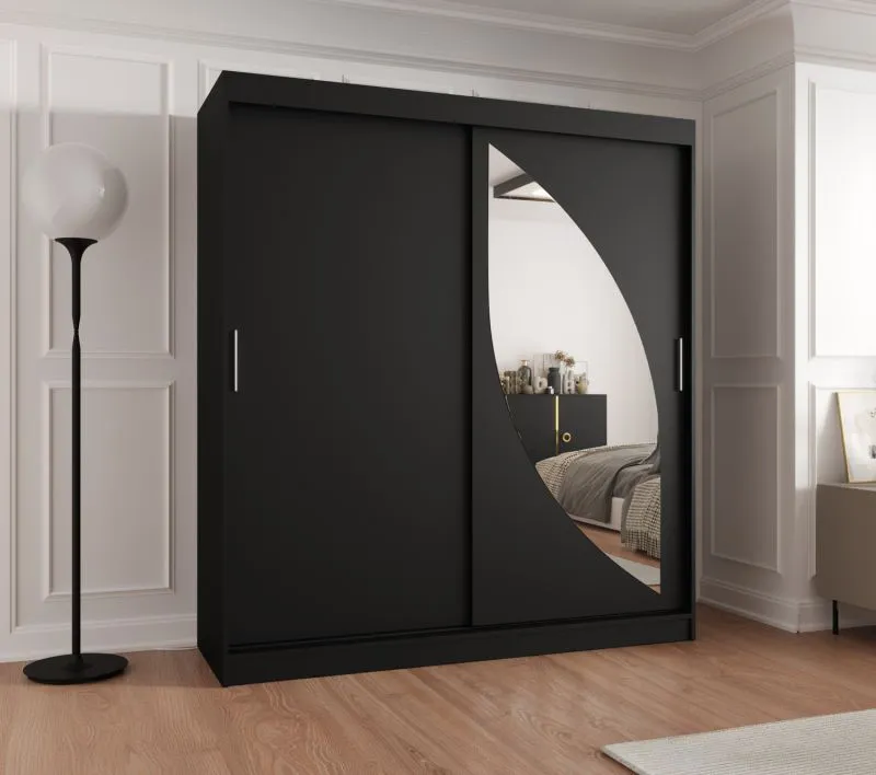 Schiebetürenschrank / Kleiderschrank Jorasses 15, Farbe: Schwarz, 1,8 Meter breit, fünf Fächer, eine Spiegeltür, zwei Kleiderstangen, Aluminiumschienen
