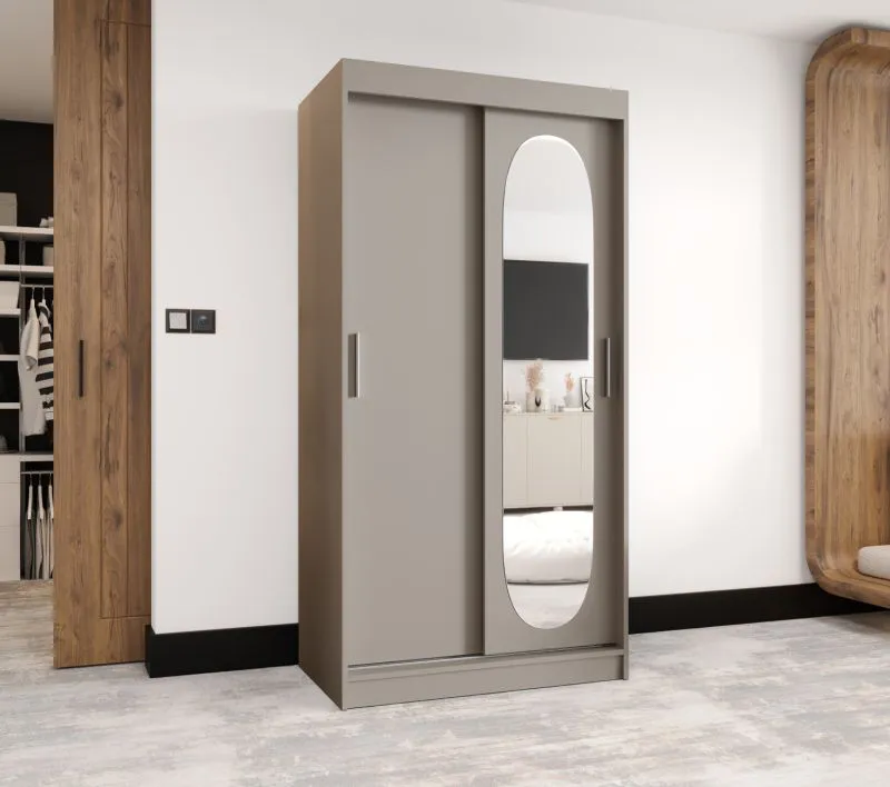 Kleiderschrank / Schiebetürenschrank Moldoveanu 04, Farbe: Kaschmir, Tür mit ovalen Spiegel, 1 Meter breit, fünf Fächer, zwei Kleiderstangen