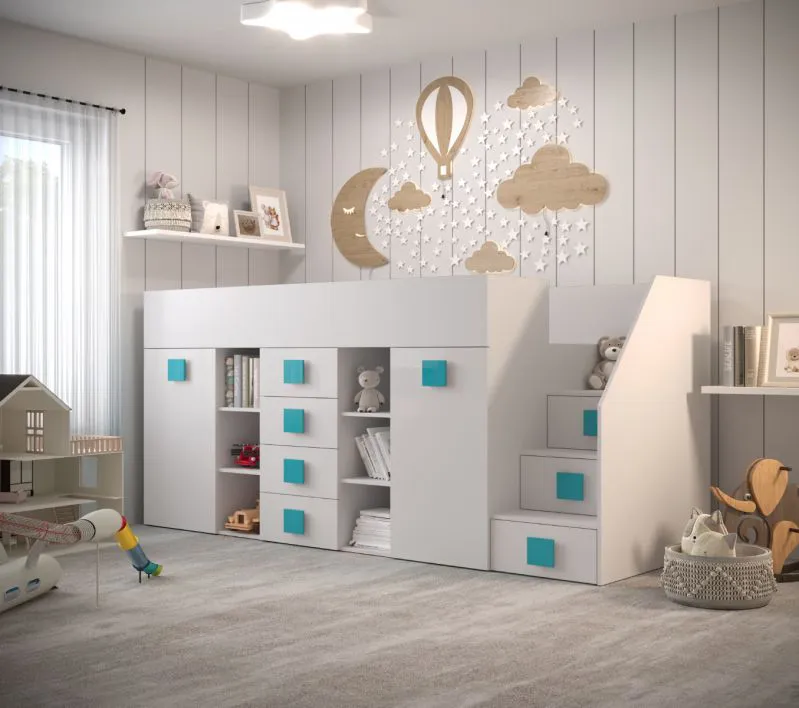 Hochbett / Kinderbett / Funktionsbett, mit ausziehbarem Schreibtisch und Treppe Rechts, Jura 75, Weiß / Türkis, Liegefläche: 90 x 200 cm, Kleiderschrank