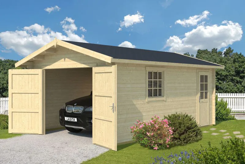Einzelgarage H170 mit Holztor | 18,66 m² | 44 mm Blockbohlen | Naturbelassen