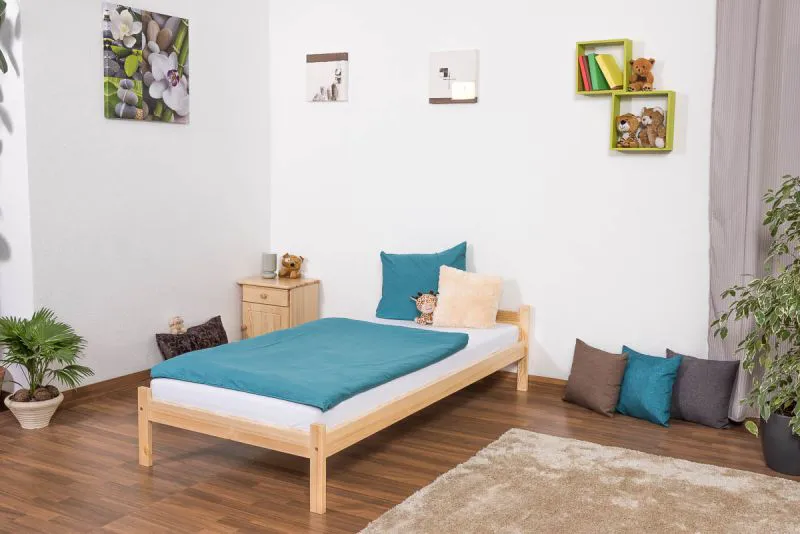 Futonbett / Massivholzbett Kiefer Vollholz massiv natur A14, inkl. Lattenrost - Abmessung 90 x 200 cm