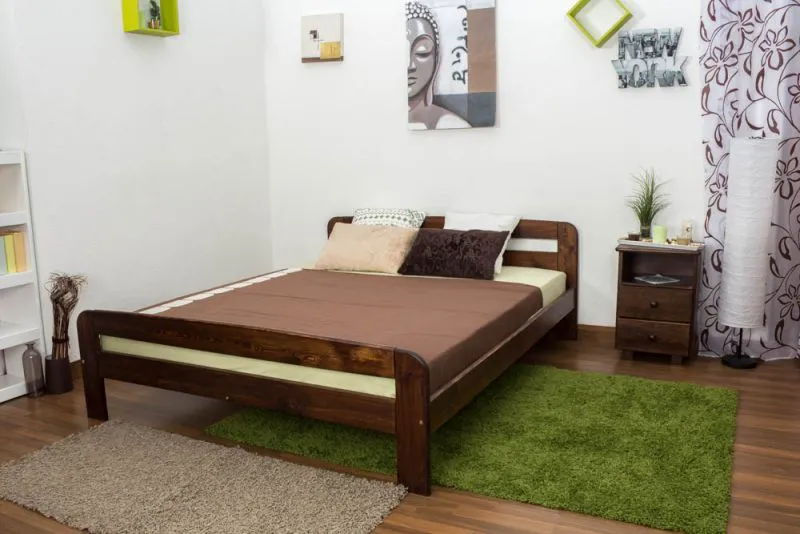 Doppelbett / Gästebett Vollholz massiv Nussfarben A6, inkl. Lattenrost - Abmessung 160 x 200 cm