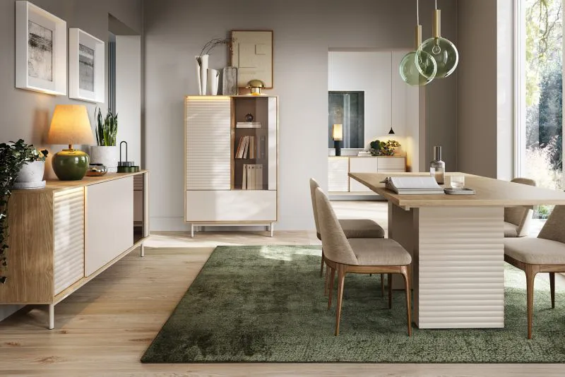Esszimmer Komplett - Set A Tamino | 4-teilig | mit hellen Design | Farbe: Eiche / Kaschmir | ABS-Kantenschutz | 1 Vitrine | 1 Sideboard | 1 Highboard | 1 Esstisch