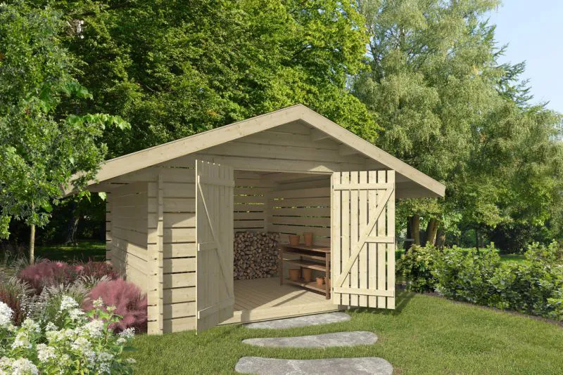 Holzschuppen / Gerätehaus mit Lüftungslücken zwischen Wandbrettern, aus Kiefernholz, gehobelt, 40 mm Blockbohlenhaus, Doppeltür, Grundfläche: 11 m², Satteldach, Außenmaße: 318 x 348 cm