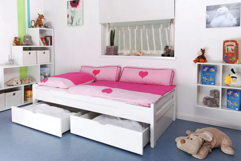 Kinderbett 90 x 200 cm | Massivholz: Buche | Weiß Lackiert | inkl. 2 Schubladen und Lattenrost Abbildung
