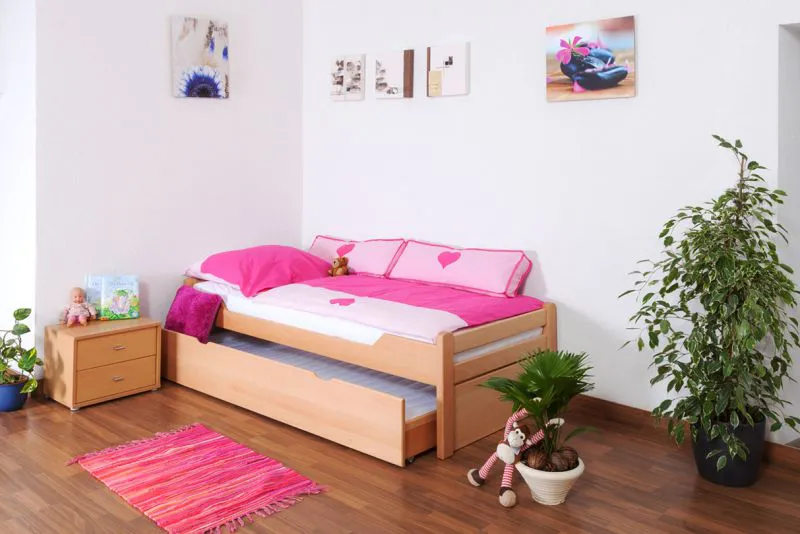 Bettrahmen für Kinder / Kinderbett / Ausziehbett 90 x 200 cm | Massivholz: Buche | Natur Lackiert | inkl. 2. Liegeplatz 90 x 190 cm ausziehbar und 2 Rollrost | besonders hohe Qualität Abbildung
