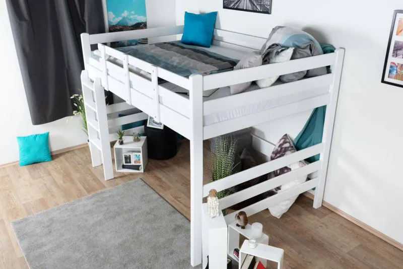 Hochbett für Jugendliche 160 x 190 cm | Massivholz: Buche | Weiß Lackiert | umbaubar in Einzelbett | Premium-Qualität | inkl. Rollrost Abbildung
