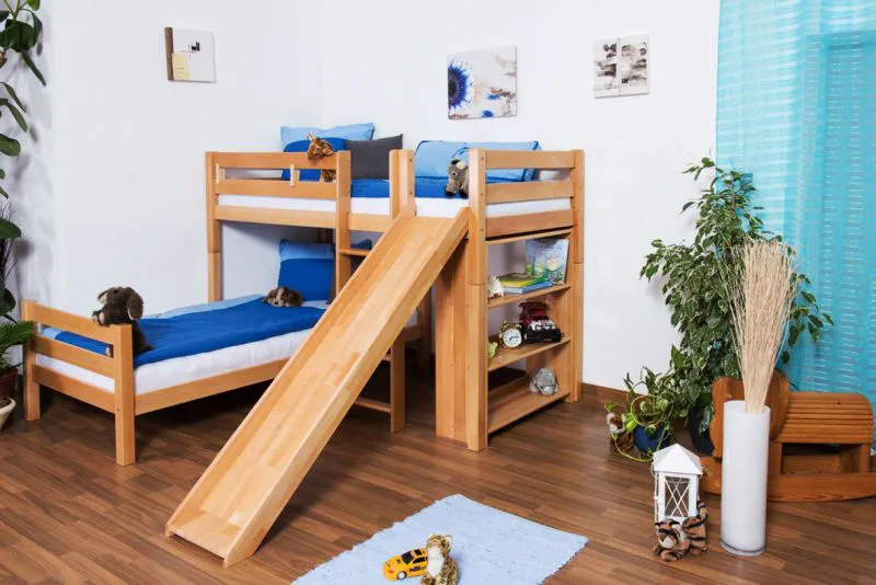 Etagenbett L-Form  90 x 200 cm | Buche massiv | natur lackiert | mit Regal und Rutsche | inkl. Rollrost | teilbar Abbildung
