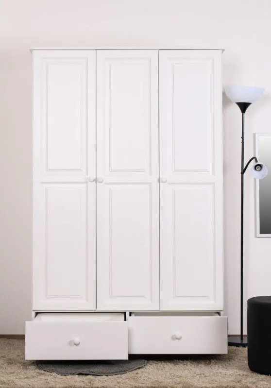 Kleiderschrank | 3 Drehtüren | 2 Schubladen | 4 Fächer | mit Kleiderstange | 117 cm breit | Massivholz | Farbe: Weiß Abbildung