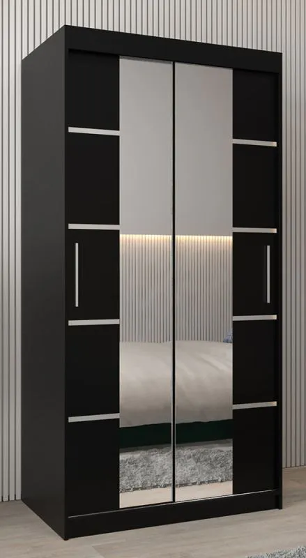 Schiebetürenschrank / Kleiderschrank Jan 01D mit Spiegel, Farbe: Schwarz - Abmessungen: 200 x 100 x 62 cm ( H x B x T)
