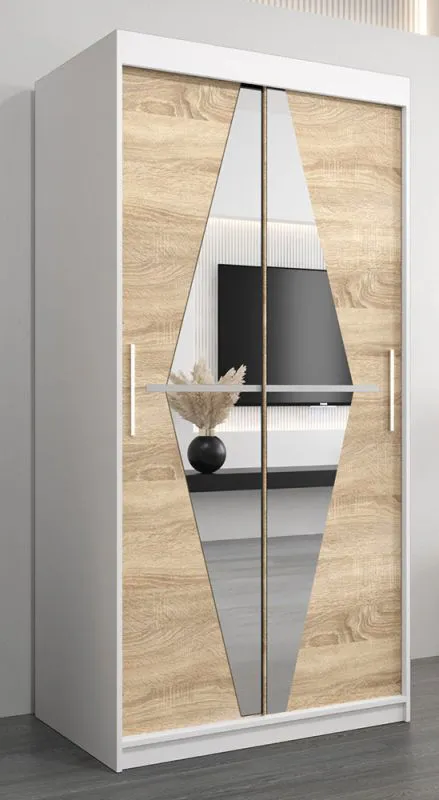 Schiebetürenschrank / Kleiderschrank Alphubel 01 mit Spiegel, Farbe: Weiß matt / Eiche Sonoma - Abmessungen: 200 x 100 x 62 cm ( H x B x T)